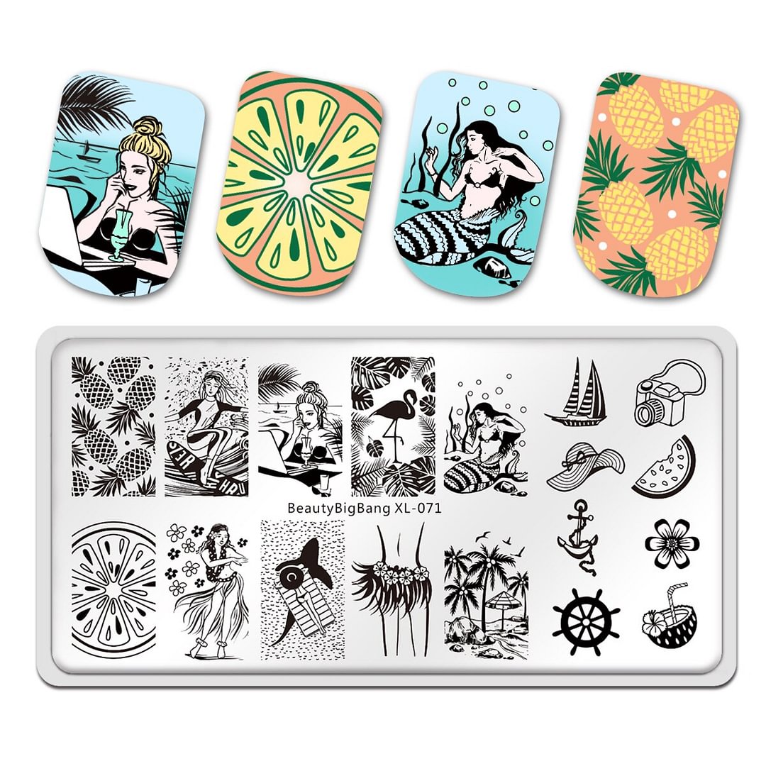 Agreedl Beautybigbang Nail Stamping Plates 6*12cm Stainless Steel Summer Mermaid Pineapple Image Stamping Stencil For Nail Art XL-071