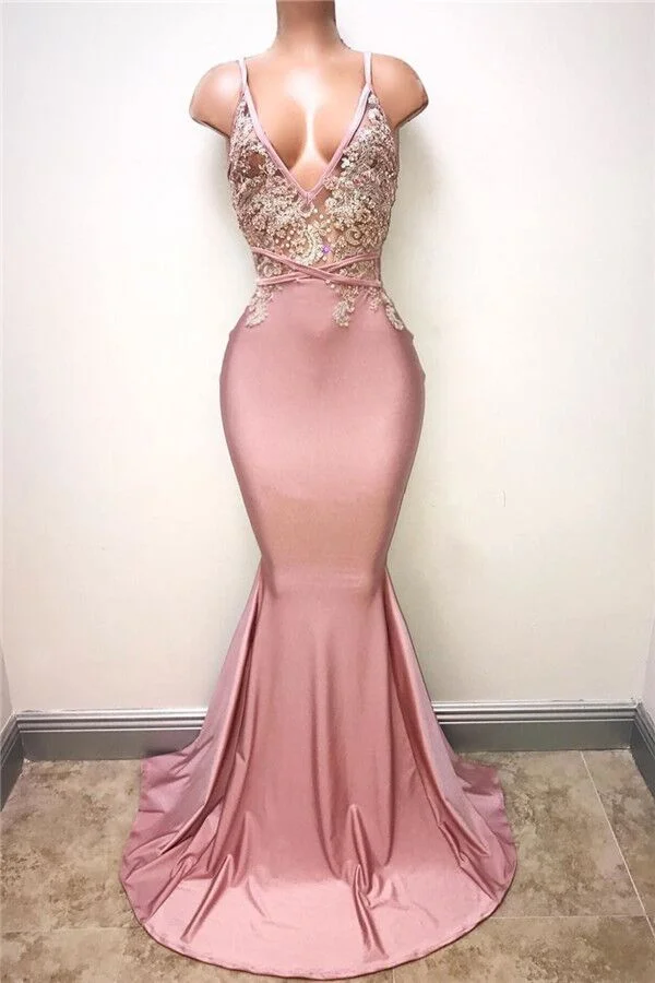Pink Spaghetti-Straps Mermaid Long Prom Dress With Lace Appliques  PD0687