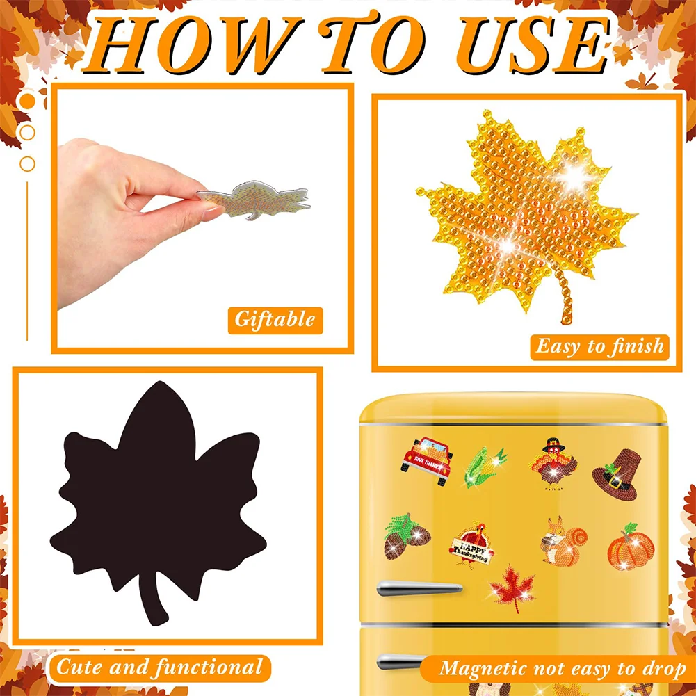 12pcs DIY Thanksgiving Diamond Painting Magnets Refrigerator for Adult Kid Fridge Car