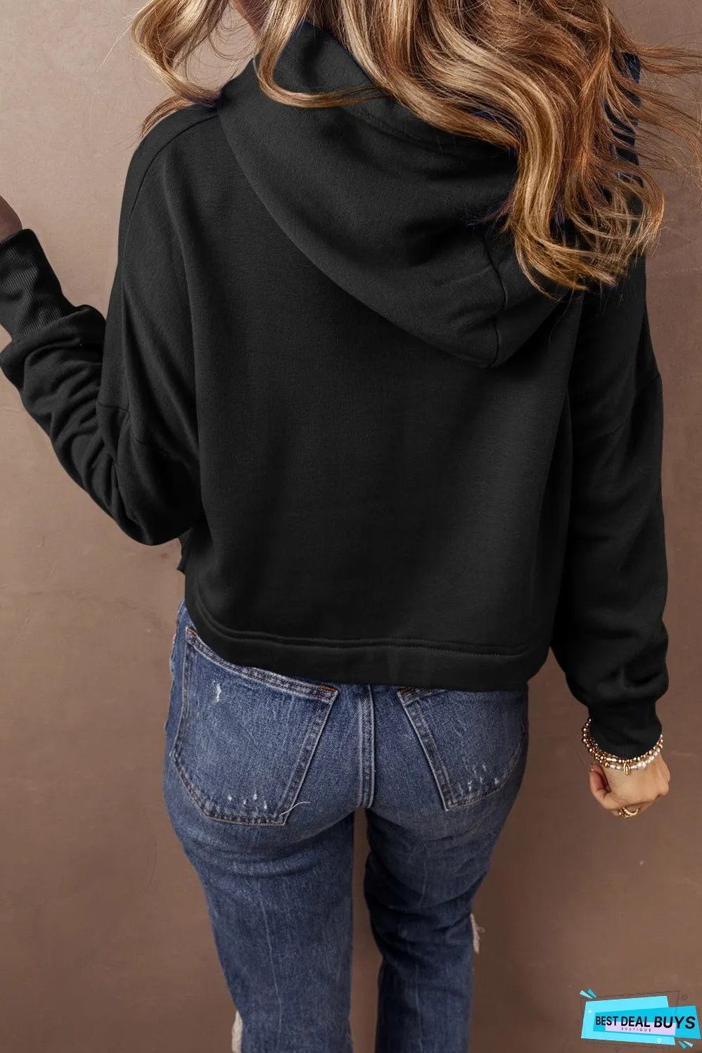 Black Solid Drop Shoulder Drawstring Cropped Hoodie