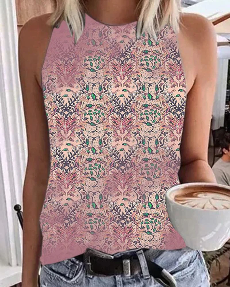 Vintage Print Halter Neck Sleeveless Tank Top
