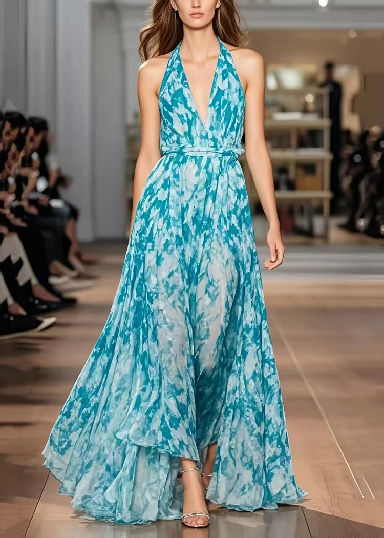 Blue Print Chiffon Halter Sundress Exra Large Hem Summer