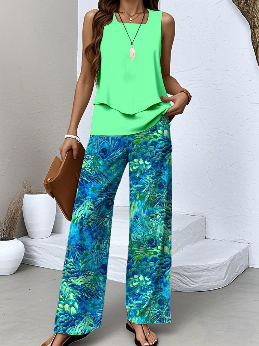 Women's Sleeveless Square Collar Floral Printed Casual Set