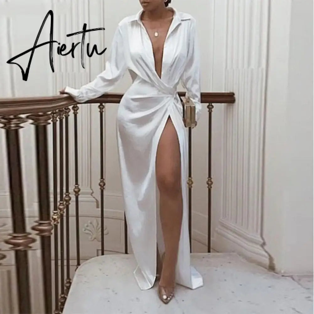 New Satin Silk Sexy Long Sleeve Party Dresses Women Night Club Soft Dress Autumn Dress V-Neck Solid Split Turn Down Collor Aiertu