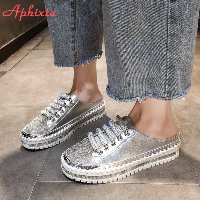 Aphixta 2022 New Flat Platform Half Slippers Women Summer Couple Bling Mules Crystals Lace-up Shoes Slides Plus Size 42 43