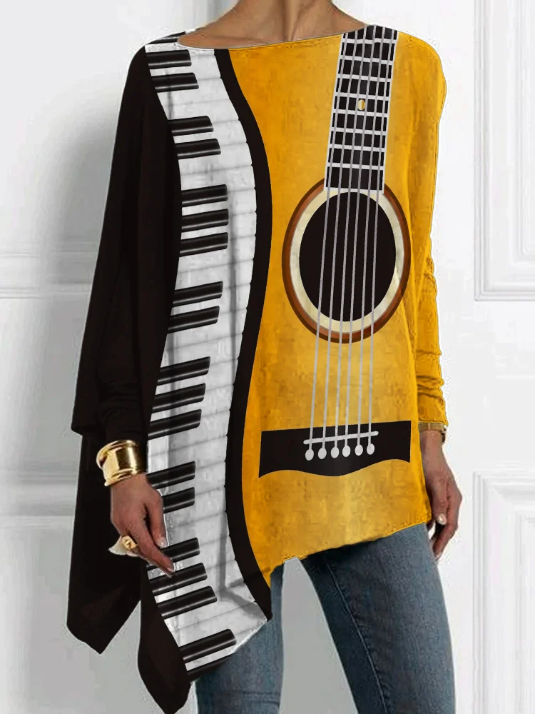 Guitar & Piano Keys Contrast Art Bat Sleeve T Shirt