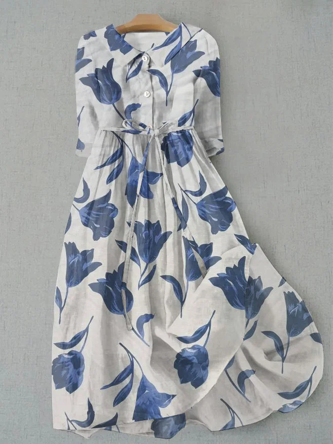Casual Art Floral Print Tie Loose Dress