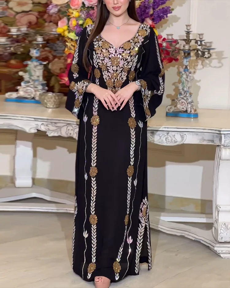 Women's V-Neck Long Sleeve Sequined Kaftan Dress