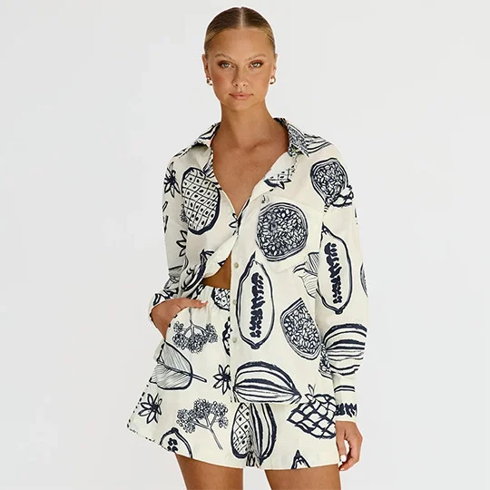 Brownm Brownm Early Autumn Casual Senior Fruit Print Shorts Cardigan Set-23114