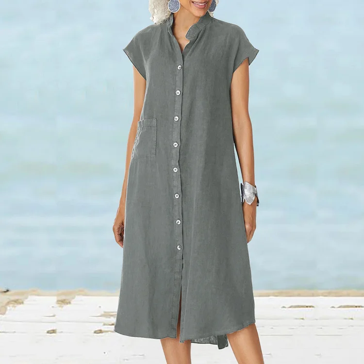Women's Short Sleeve Stand Collar Mid Length Cotton Linen Pocket Dress socialshop