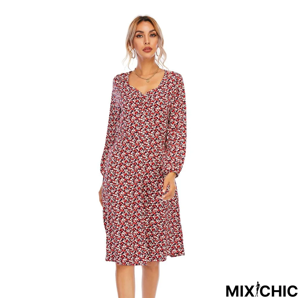 Floral-Print Casual Knitting Dress