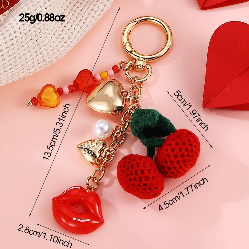 Sweet Cherry Heart Shape Bow Knot Artificial Pearl Alloy Polyester Bag Pendant Keychain