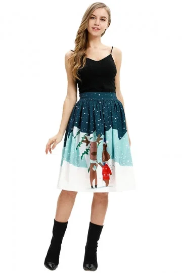 High Waisted Cute Reindeer Print Christmas Pleated Skirt Turquoise-elleschic