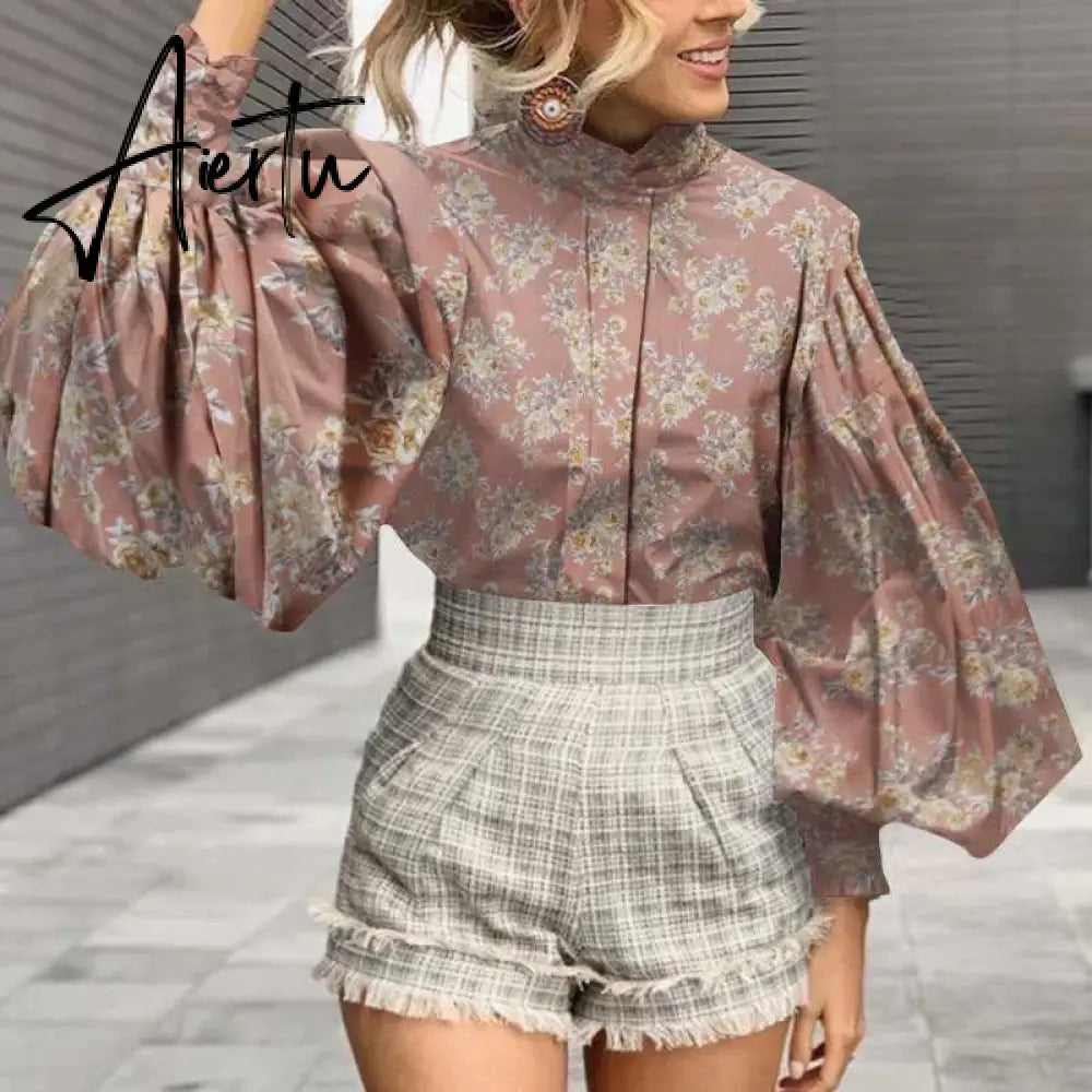 Aiertu Fashion Shirts Autumn Women Big Lantern Sleeve Bohemian Floral Print Blouse Casual Loose Stand Collar Elegant Tops Aiertu