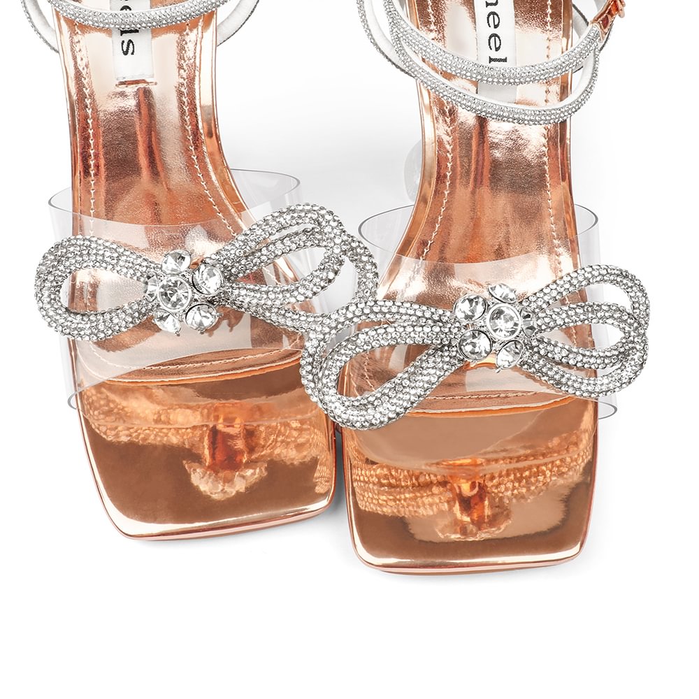 9.5cm/3.74 Double Bow Crystallized High Heels Champagne Gold