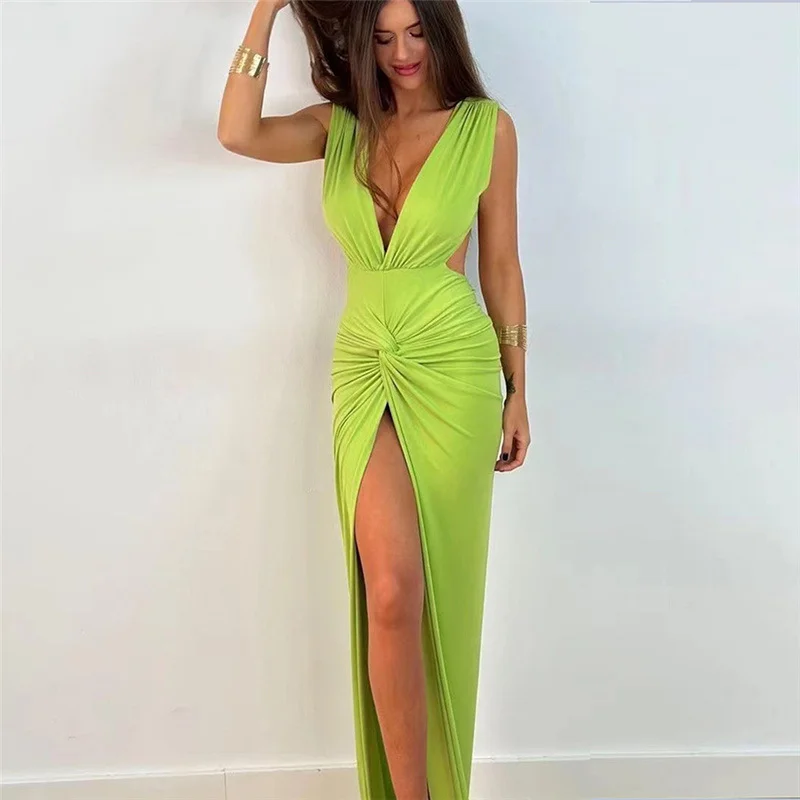 Huibahe Backless Wrapped Slit Bodycon Dress for Women Summer Elegant Fashion Sleeveless Deep V Neck Twist Ruched Long Tank Dress