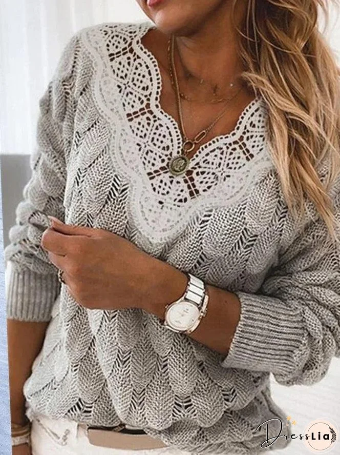 Sweaters Lace V-Neck Hollow Long Sleeve Sweater for Women