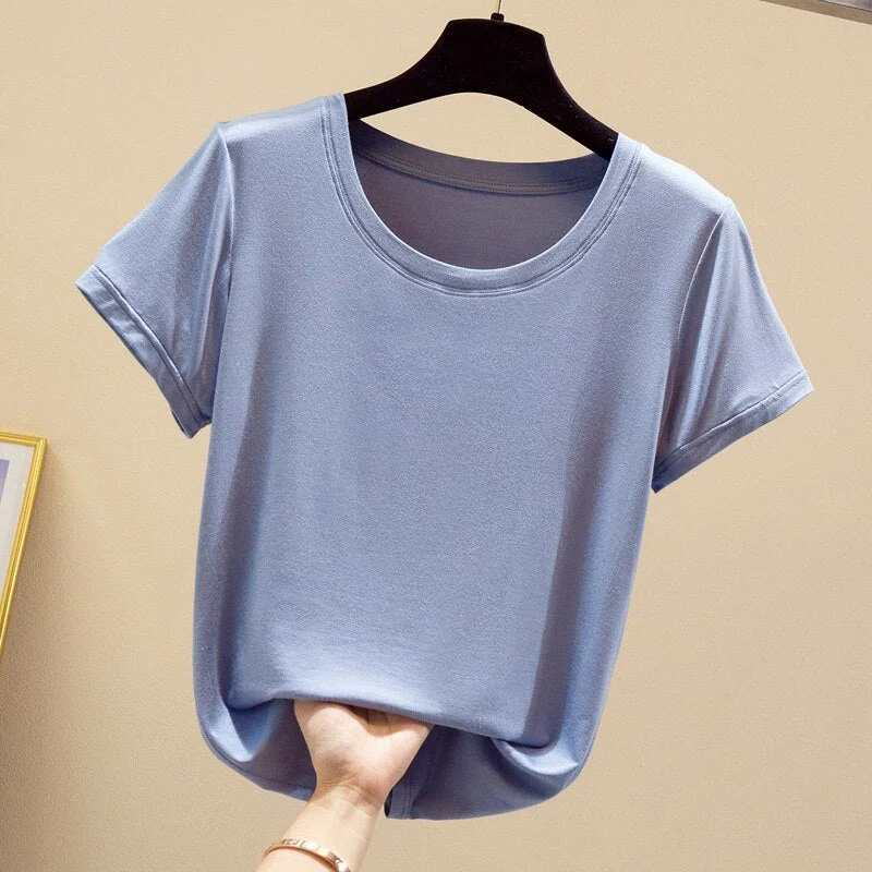 2020 Popular Light Thin High Elastic Fashion Casual Round Collar Short Sleeve T-Shirt Brand High Quality Pure Cotton Women'S Top