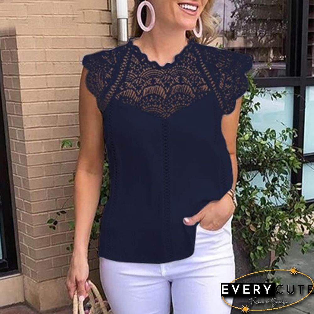 Women Blouse Sexy Sleeveless Lace OL Office Ladies Shirt Hollow Party Tops