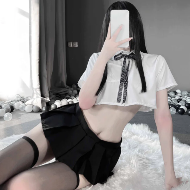 Lovingerie - White Shirt Lapel Bow Tie Set