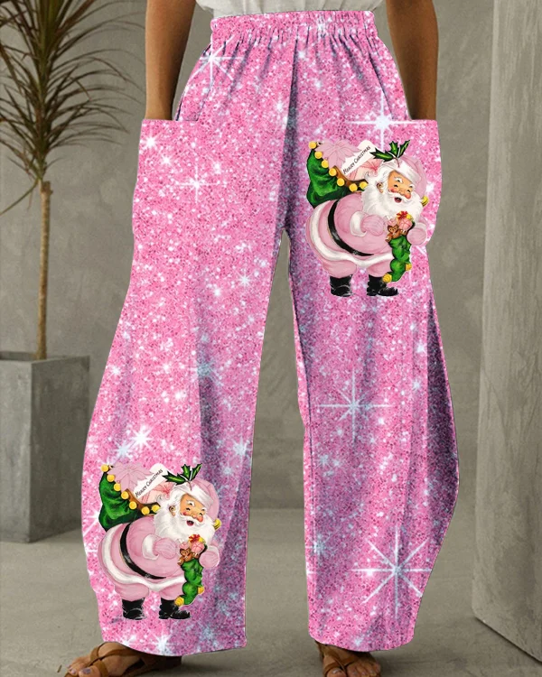Women's Pink Christmas Santa Print Loose Pants