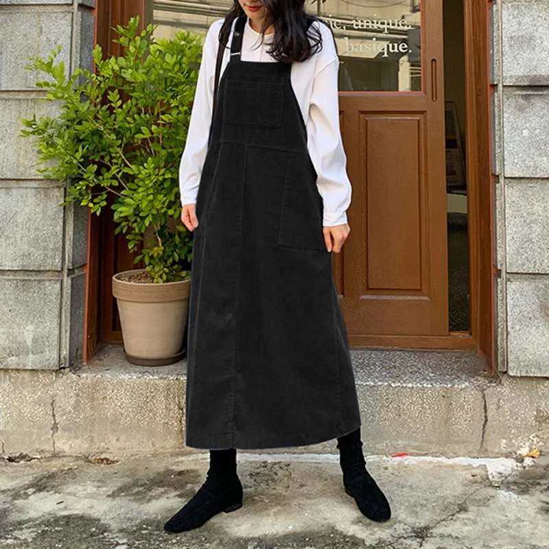 Celmia Winter Women Corduroy Dress 2021 Autumn Loose Sleeveless Apron Dress Fashion Sexy Spaghetti Strap Pockets Party Midi Robe