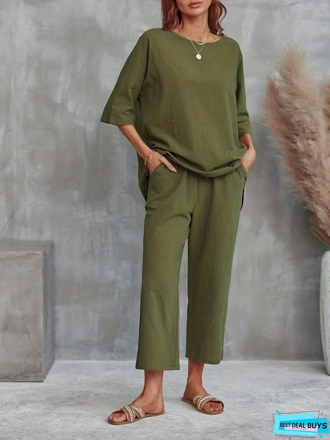 Solid Casual Two-piece Set, Crew Neck Half Sleeve Tee & Wide Leg Pants Outfits, Women's Clothing