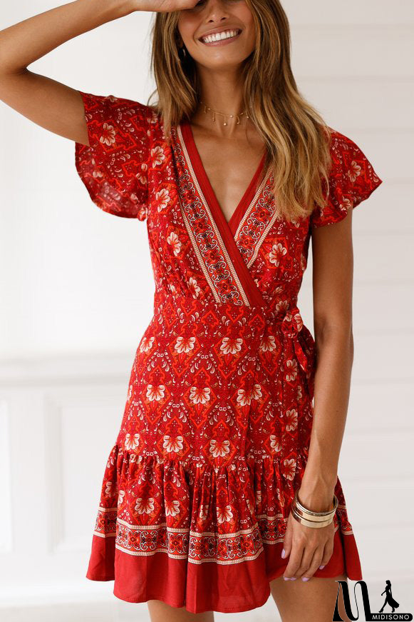 MidiSono - Sexy V-neck Maxi Printed Summer Short Dress