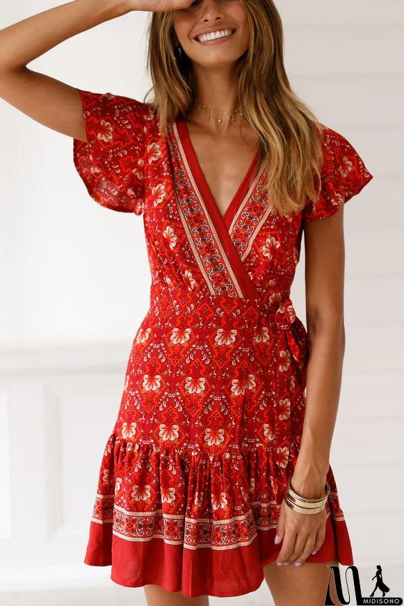 MidiSono - Sexy V-neck Maxi Printed Summer Short Dress