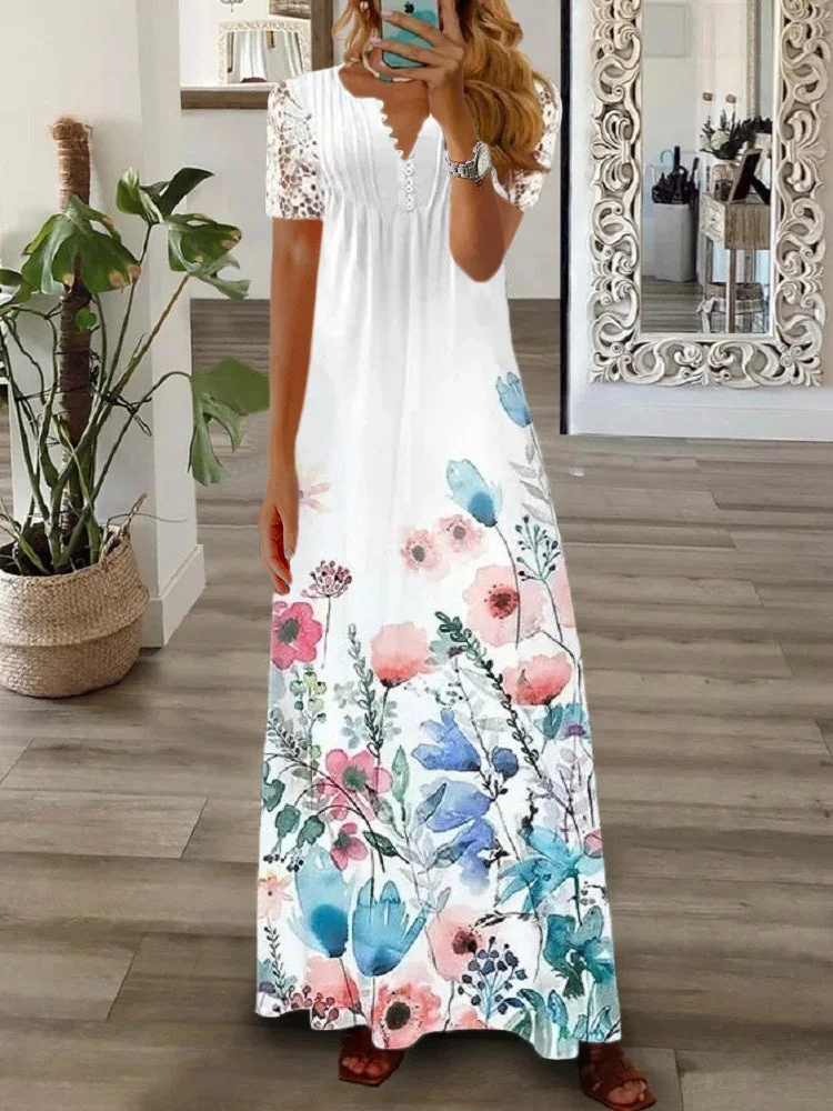 Women's Floral Printed Short Sleeve V-neck Maxi Dress