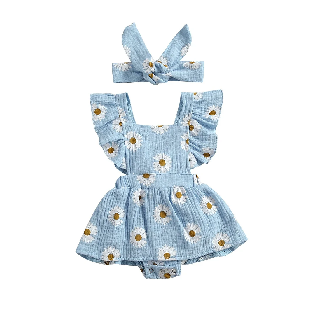 2021 Baby Summer Clothing Newborn Baby Girls Daisy Flower Bodysuits Skirts with Headband One Piece Clothes and Headdress Outfits