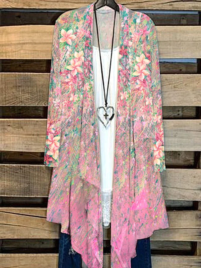 Women's Oil Painting Flower Print Casual Cardigan