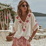 Women's Vintage Floral Art Linen Comfy Shirt - Image 2