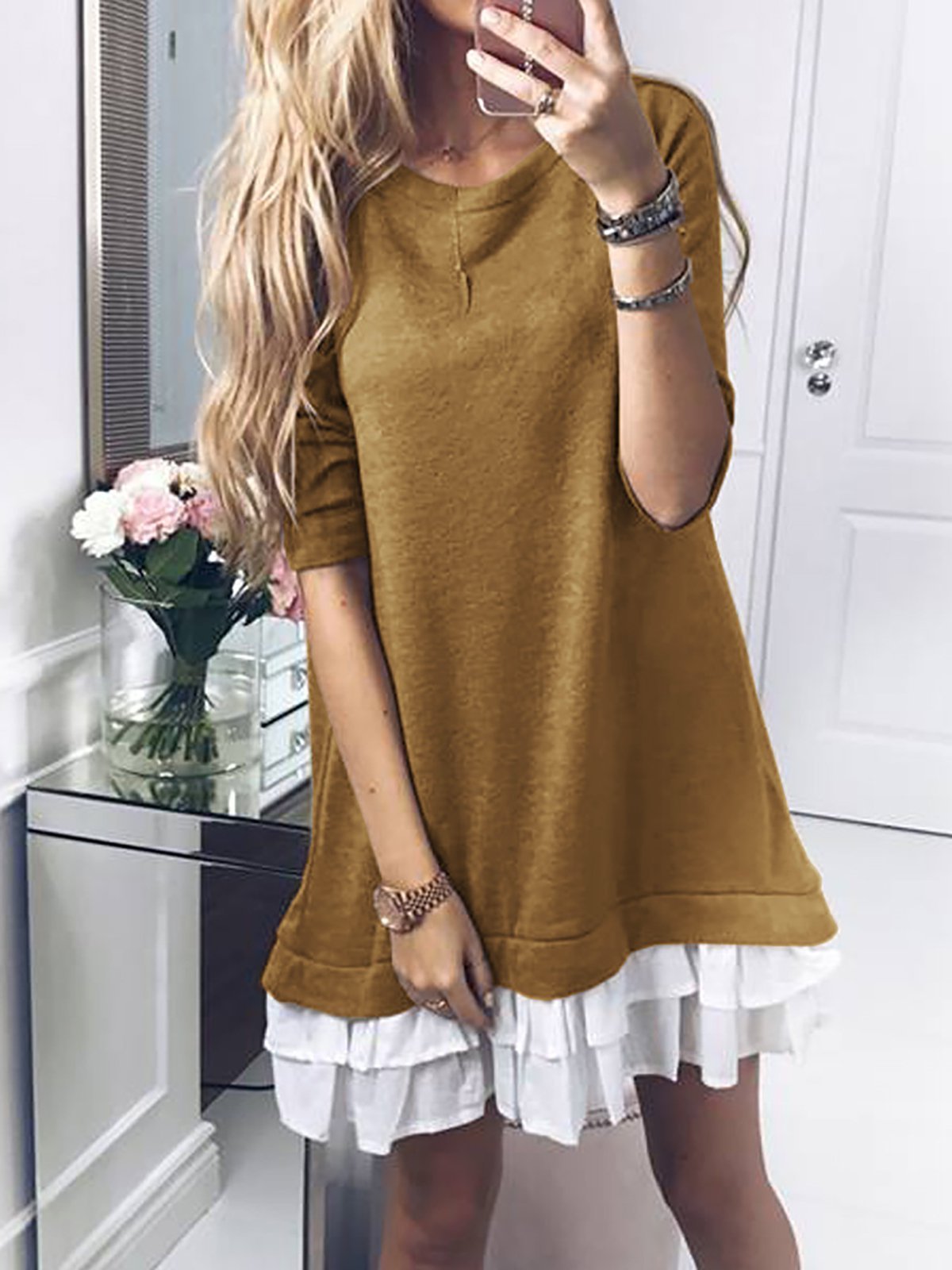 Casual Paneled Crew Neck Solid Fall Dress