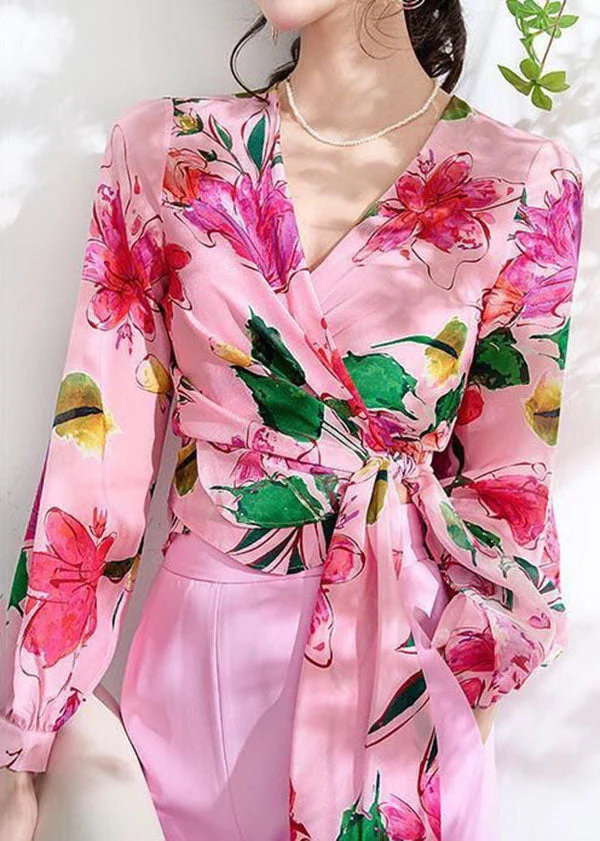 5.30Bohemian Pink V Neck Print Lace Up Patchwork Chiffon Tops Spring