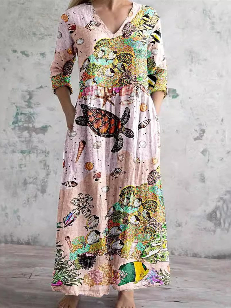 Women's Long Sleeve V-neck Floral Printed Midi Dress