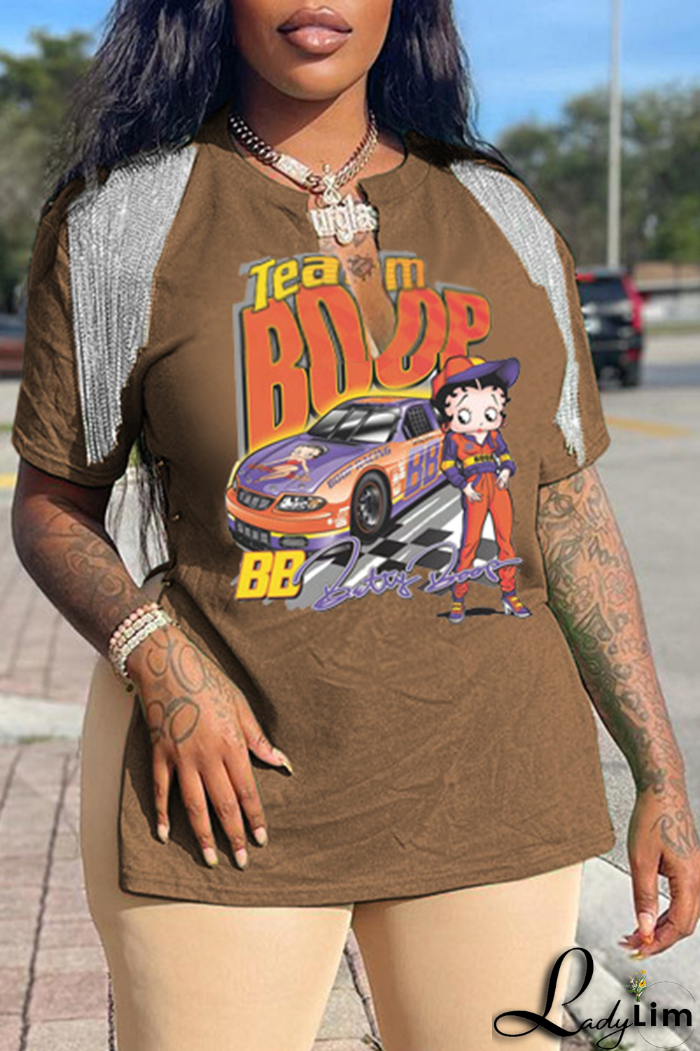 Purple Fashion Print Tassel V Neck T-Shirts