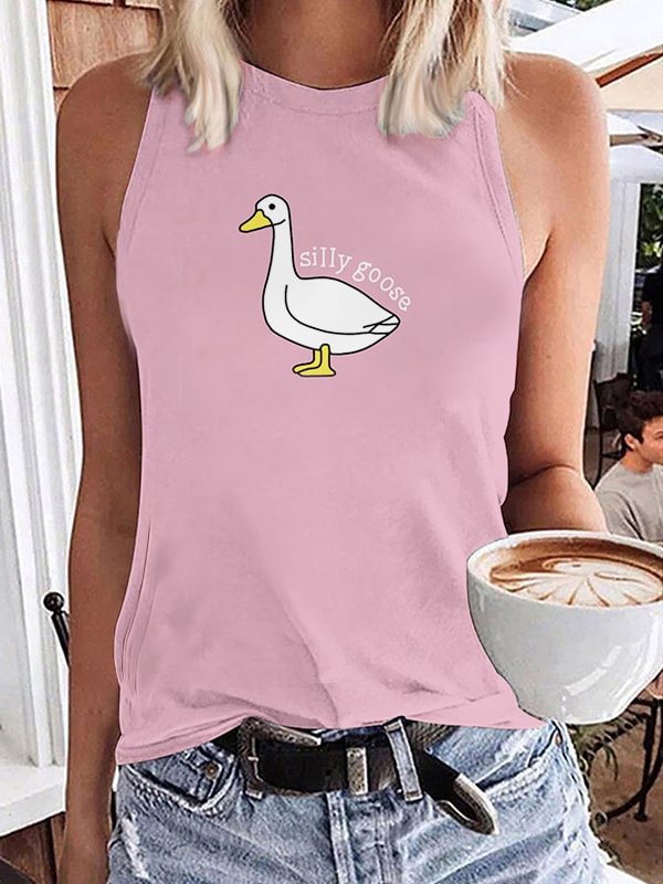 Silly Goose Print Casual Tank Top