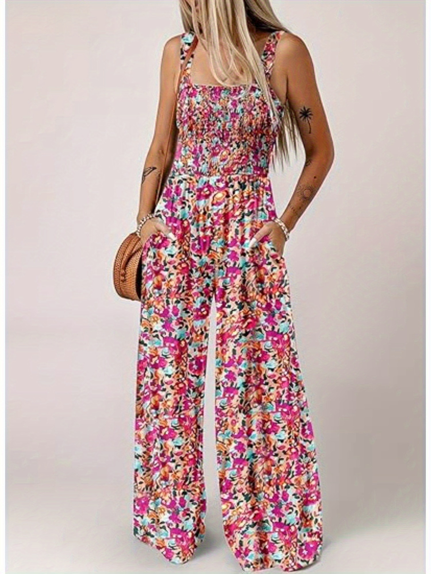 Womens Casual Loose Overalls Jumpsuits One Piece Sleeveless Printed Wide Leg Long Pant | IFYHOME