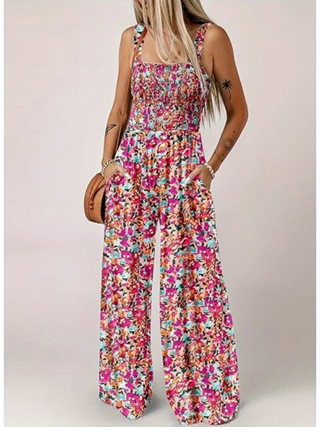 Women's Casual Loose Overalls Jumpsuits One Piece Sleeveless Printed Wide Leg Long Pant Rompers With Pocket | IFYHOME
