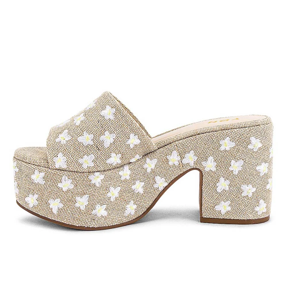 Beige Open Round Toe Flower Embroidery Platform Slide Sandals