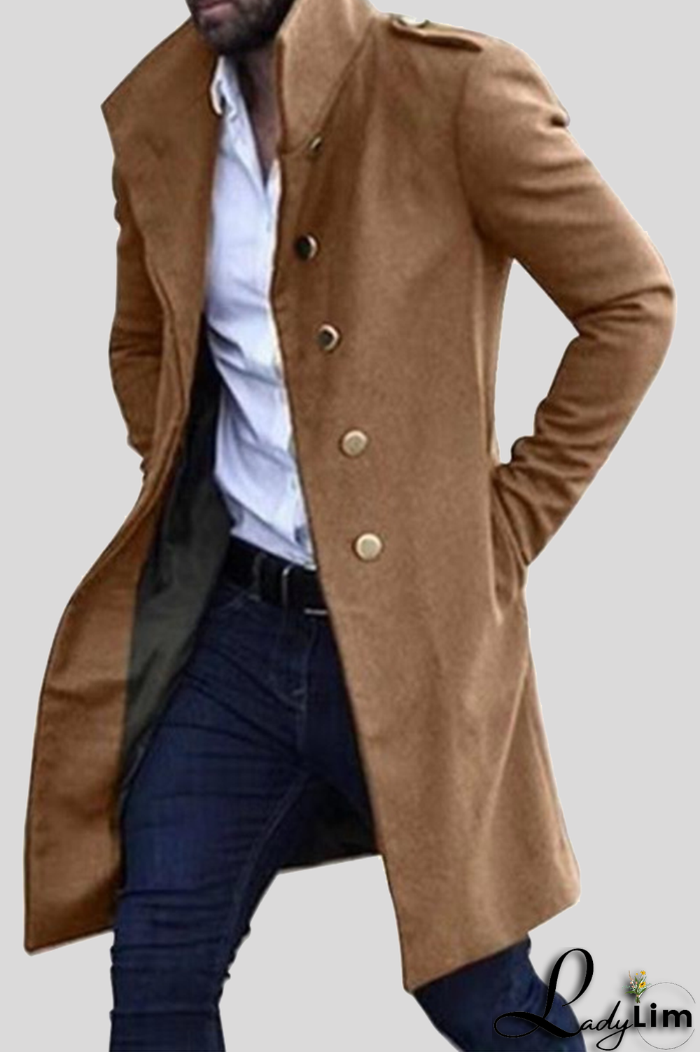 Light Gray Casual Solid Pocket Buckle Mandarin Collar Outerwear