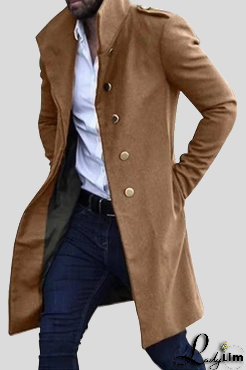 Light Gray Casual Solid Pocket Buckle Mandarin Collar Outerwear