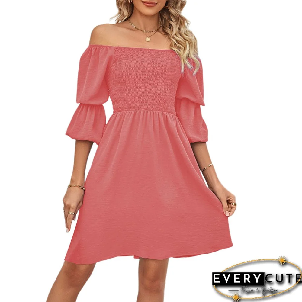 Light PinkPleated Square Neck Puff Sleeve Dress