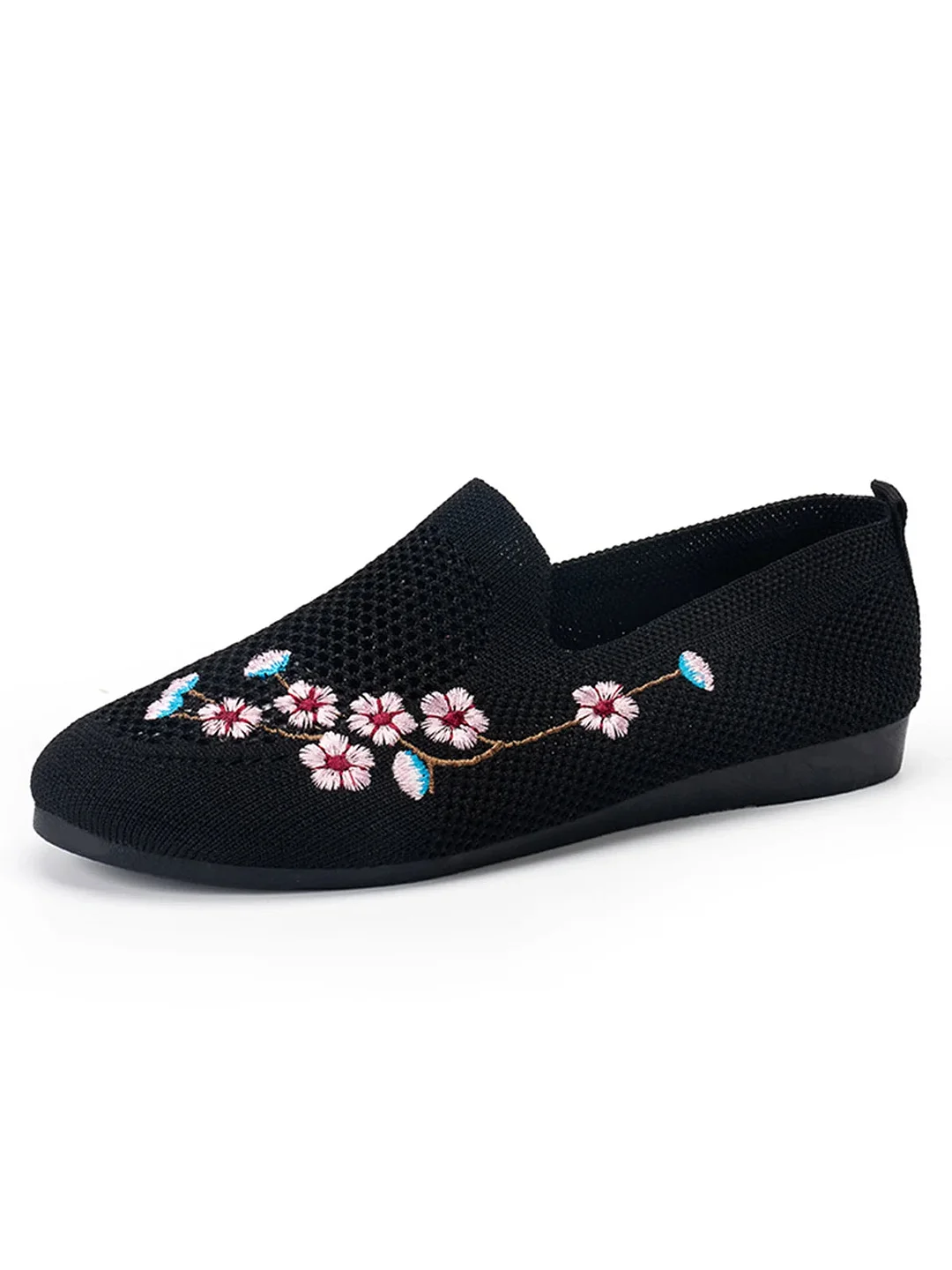 Women plus size clothing Floral Embroidery Breathable Mesh Fabric Flat Loafers-Nordswear