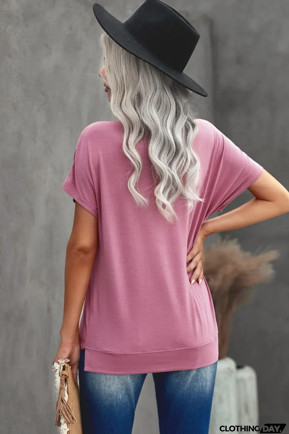 Pink Round Neck Short Sleeve Solid Color Tee