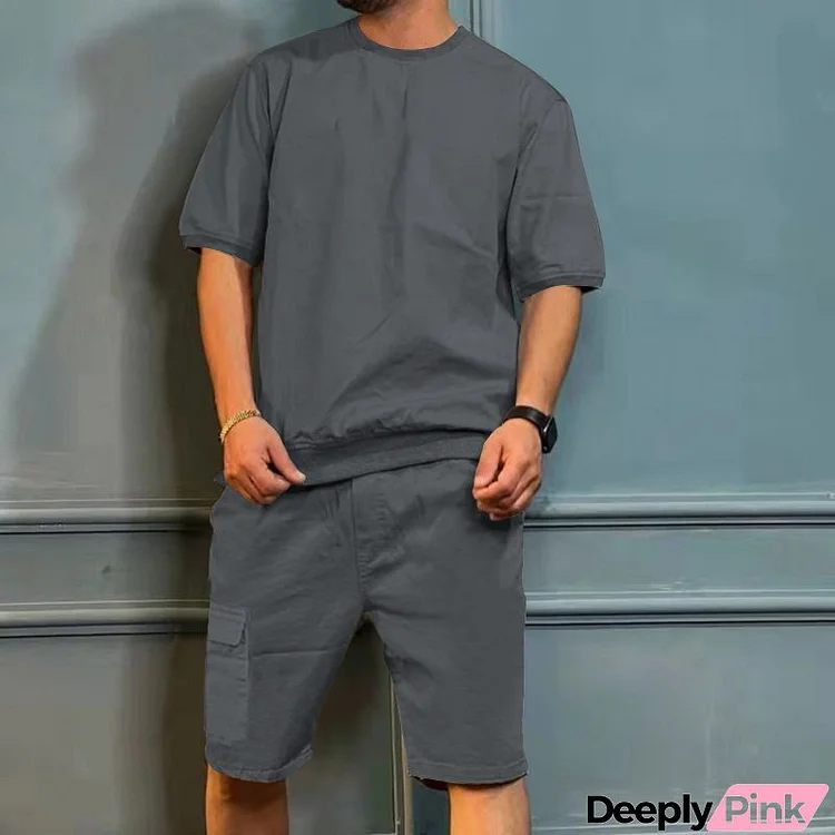 Men's Fashion Solid Color Round Neck Short Sleeve T-Shirt And Pocket Shorts Two-Piece Set