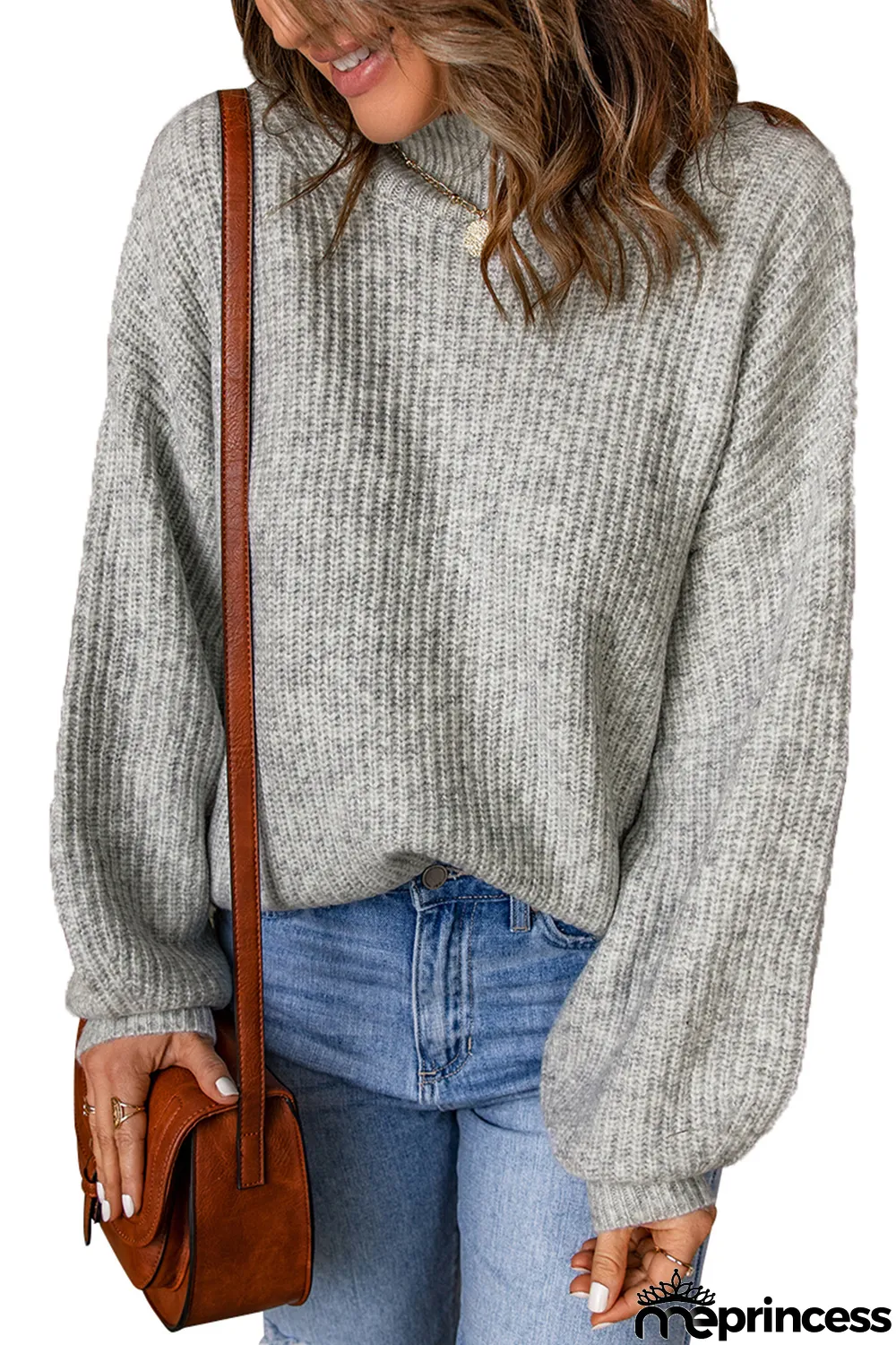 Gray High Neck Drop Shoulder Plain Sweater