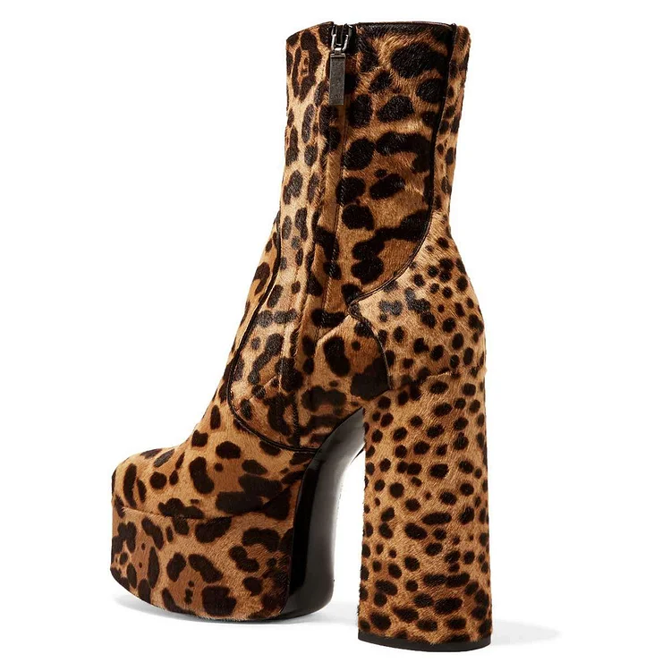 Leopard Print Horsehair Platform Chunky Heel Boots Vdcoo