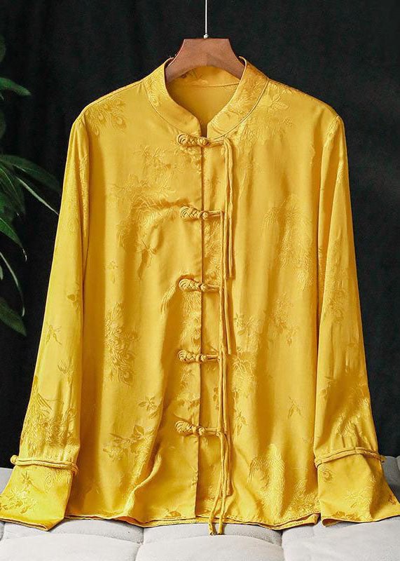 Fashion Yellow Mandarin Collar Jacquard Tassel Silk Shirt Top Long Sleeve